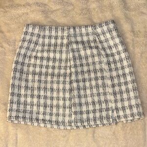 White and Gray Plaid Tweed Mini Skirt